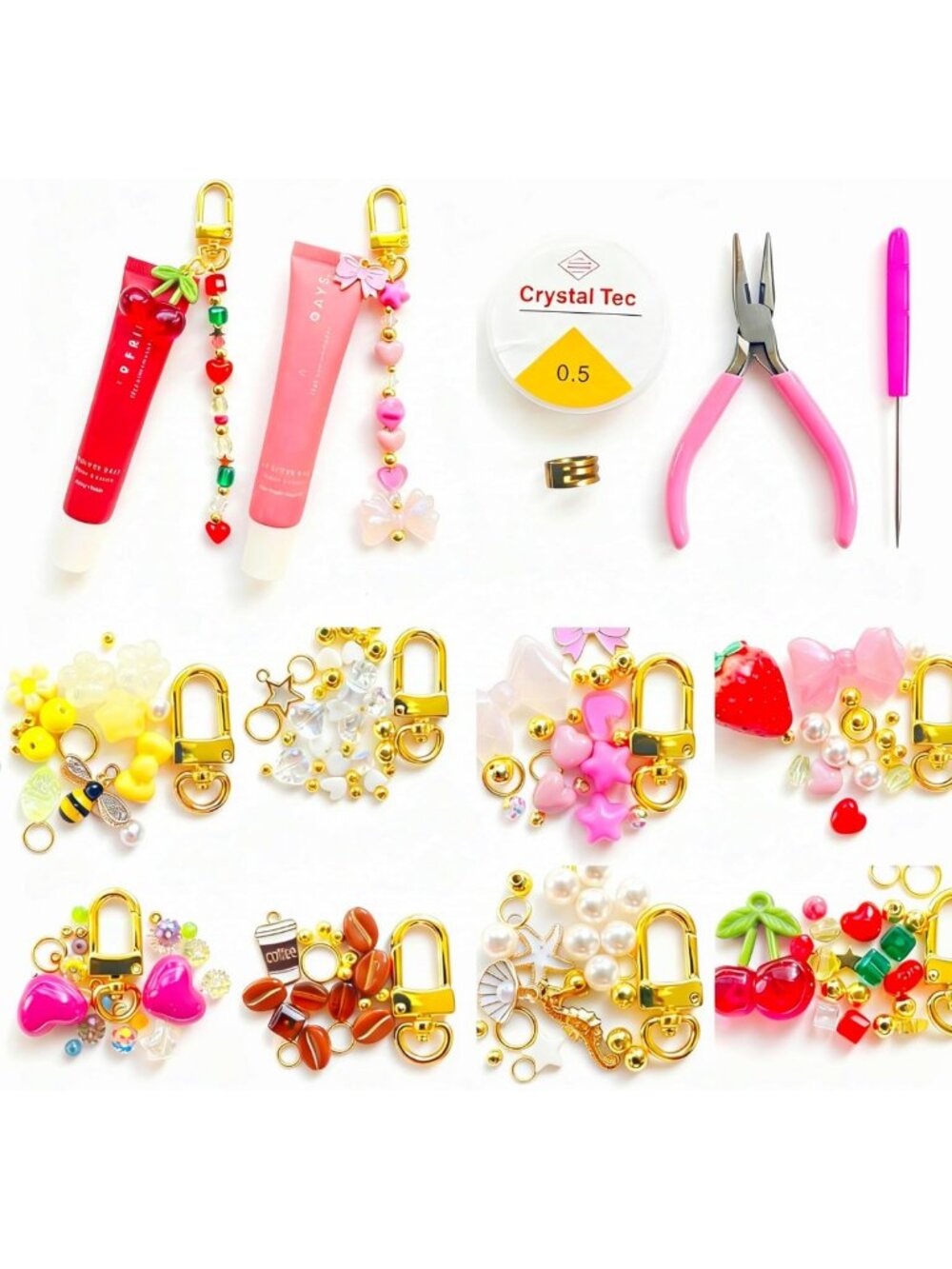 DIY Lip Gloss Keychain Making Kit - 200 Pcs Beads, Clips & Rope for Crafts